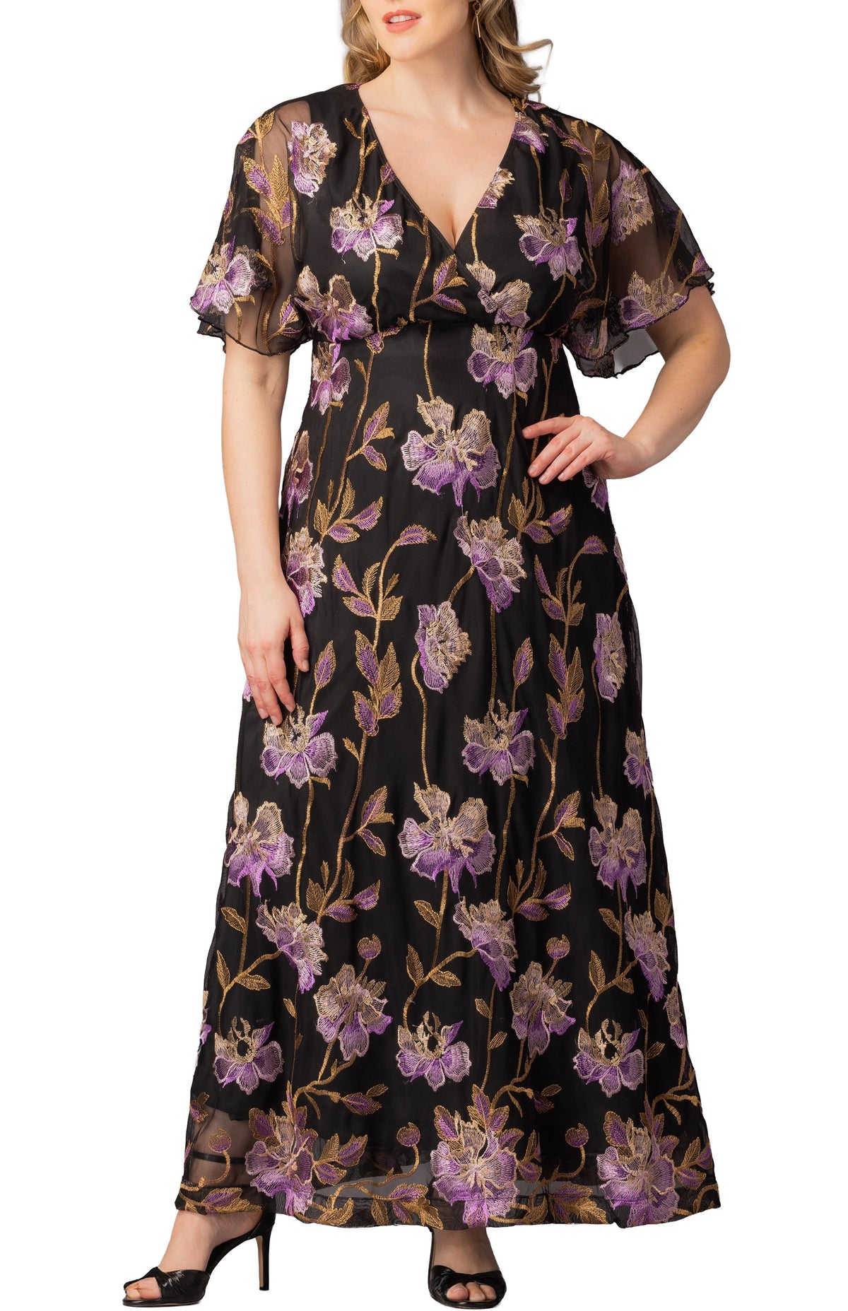 Embroidered Elegance Evening Gown Purple Peonies - Plus