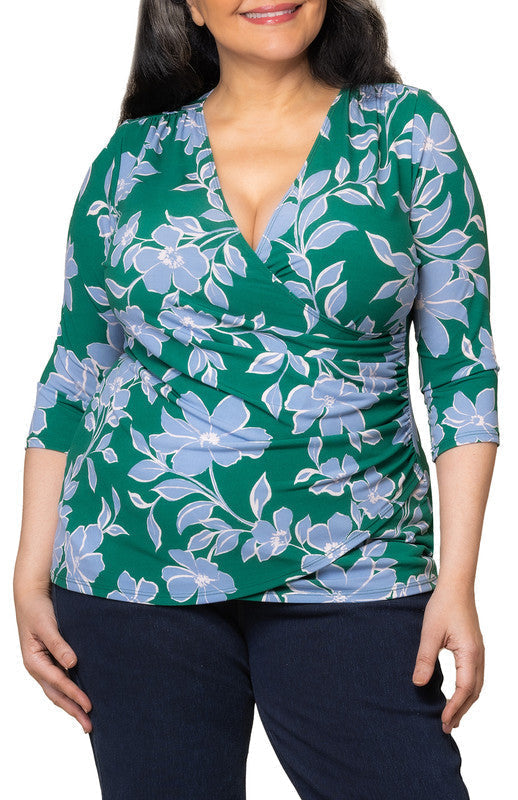Femme Fatale Faux Wrap Top - Green & Blue Floral - Plus