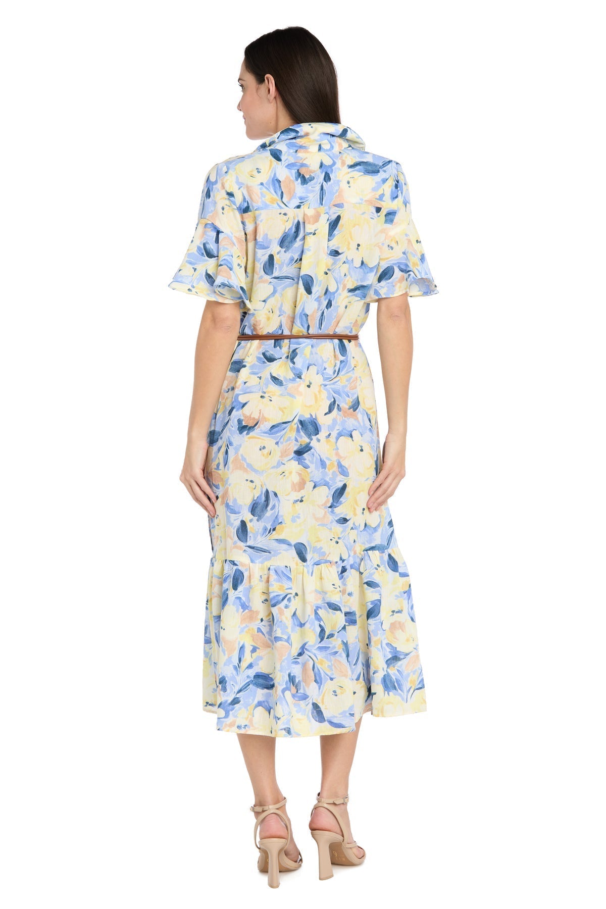 Printed Midi Shirt Dress with Bell Sleeve and Belt