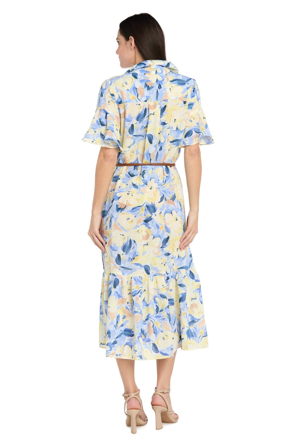 Printed Midi Shirt Dress with Bell Sleeve and Belt - Petite