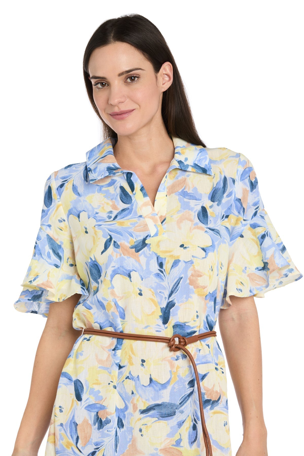 Printed Midi Shirt Dress with Bell Sleeve and Belt
