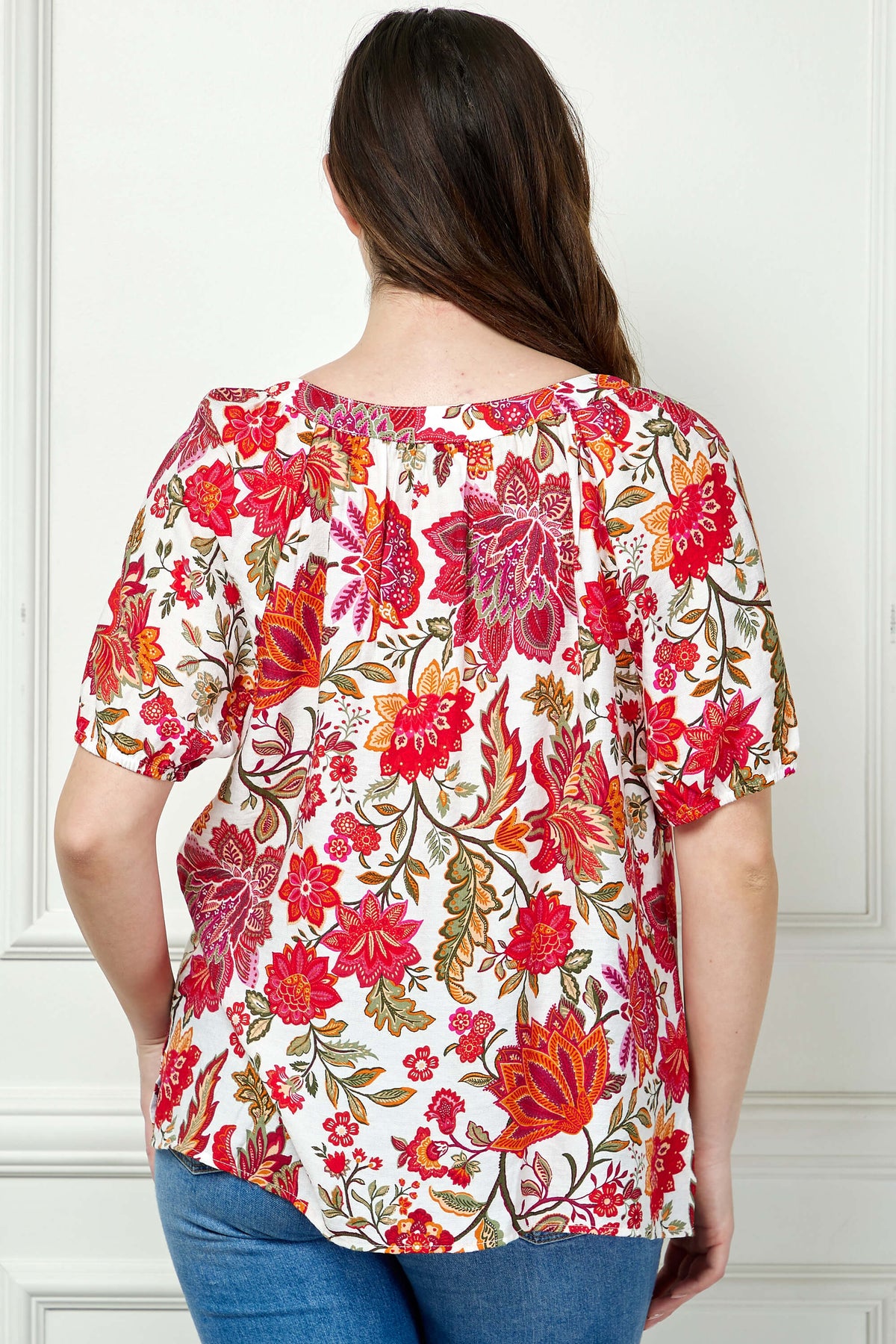 Short Sleeve Beaded Tie Neck Mandarin Collar Blouse in Ivory - Plus